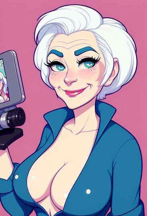 a busty grandma holding her cam
